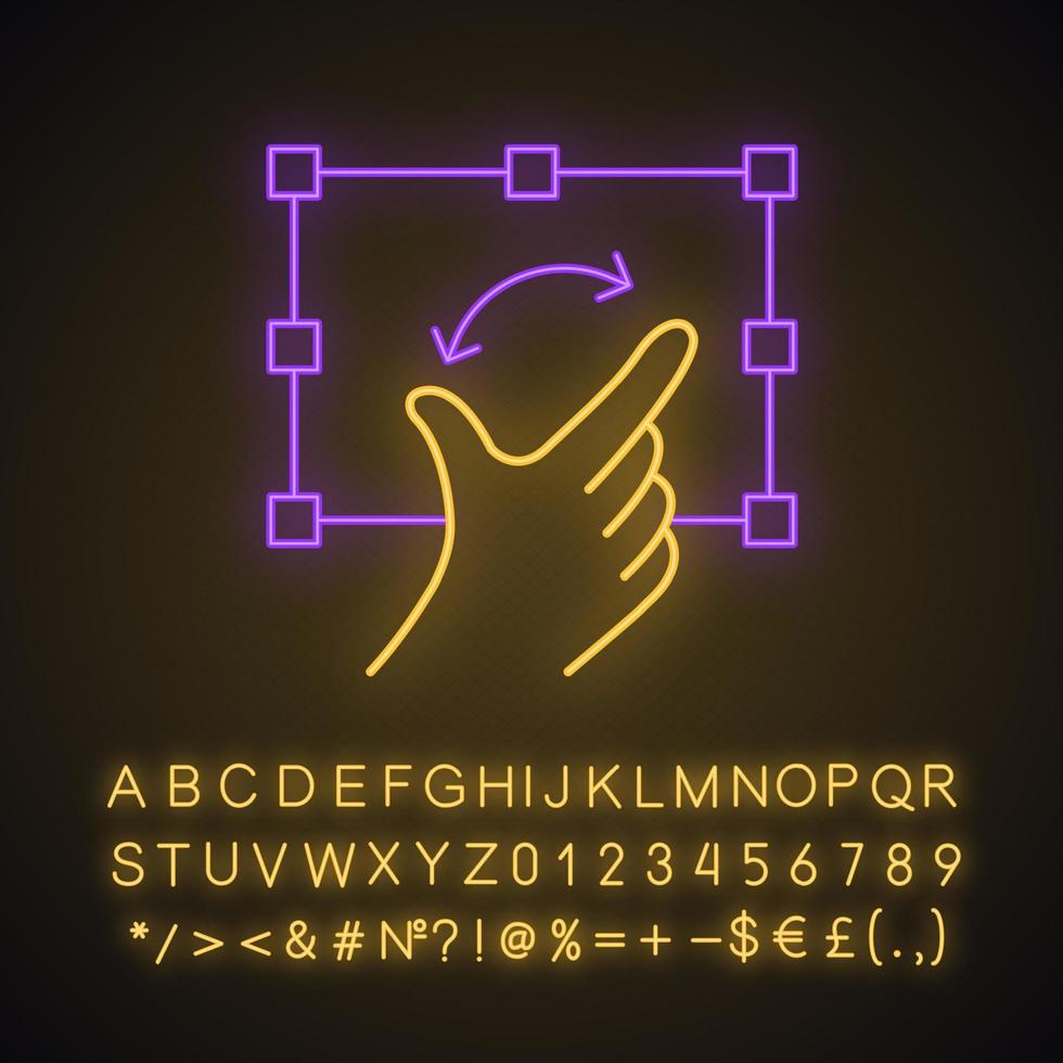 icono de luz de neón de gesto de pantalla táctil. copiar, tocar, señalar, hacer clic, arrastrar gestos. mano y dedos humanos. utilizando dispositivos sensoriales. signo brillante con alfabeto, números, símbolos. ilustración vectorial aislada vector