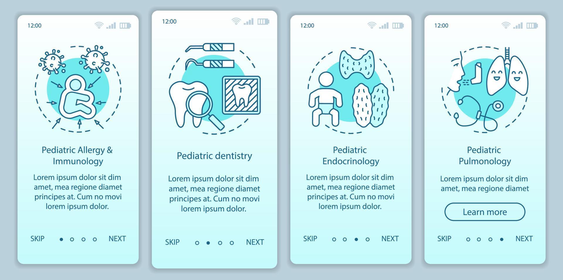 plantilla de vector de pantalla de página de aplicación móvil de incorporación de servicios pediátricos. alergia, odontología, endocrinología. paso a paso del sitio web con ilustraciones lineales. ux, ui, concepto de interfaz de teléfono inteligente gui