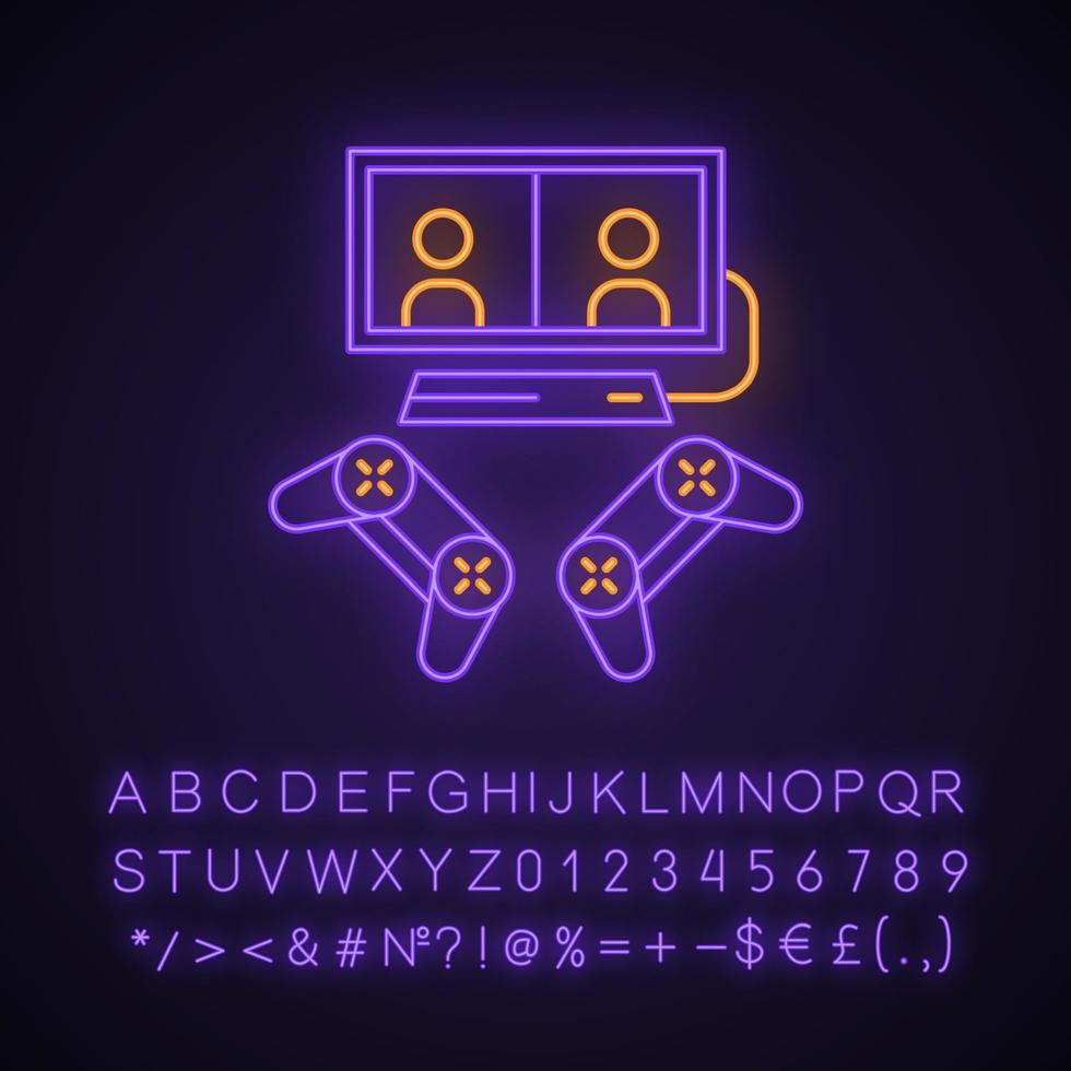 icono de luz de neón de videojuegos. esports competición para dos jugadores. dispositivos de juego pantalla dividida, juegos multijugador. signo brillante con alfabeto, números y símbolos. ilustración vectorial aislada vector