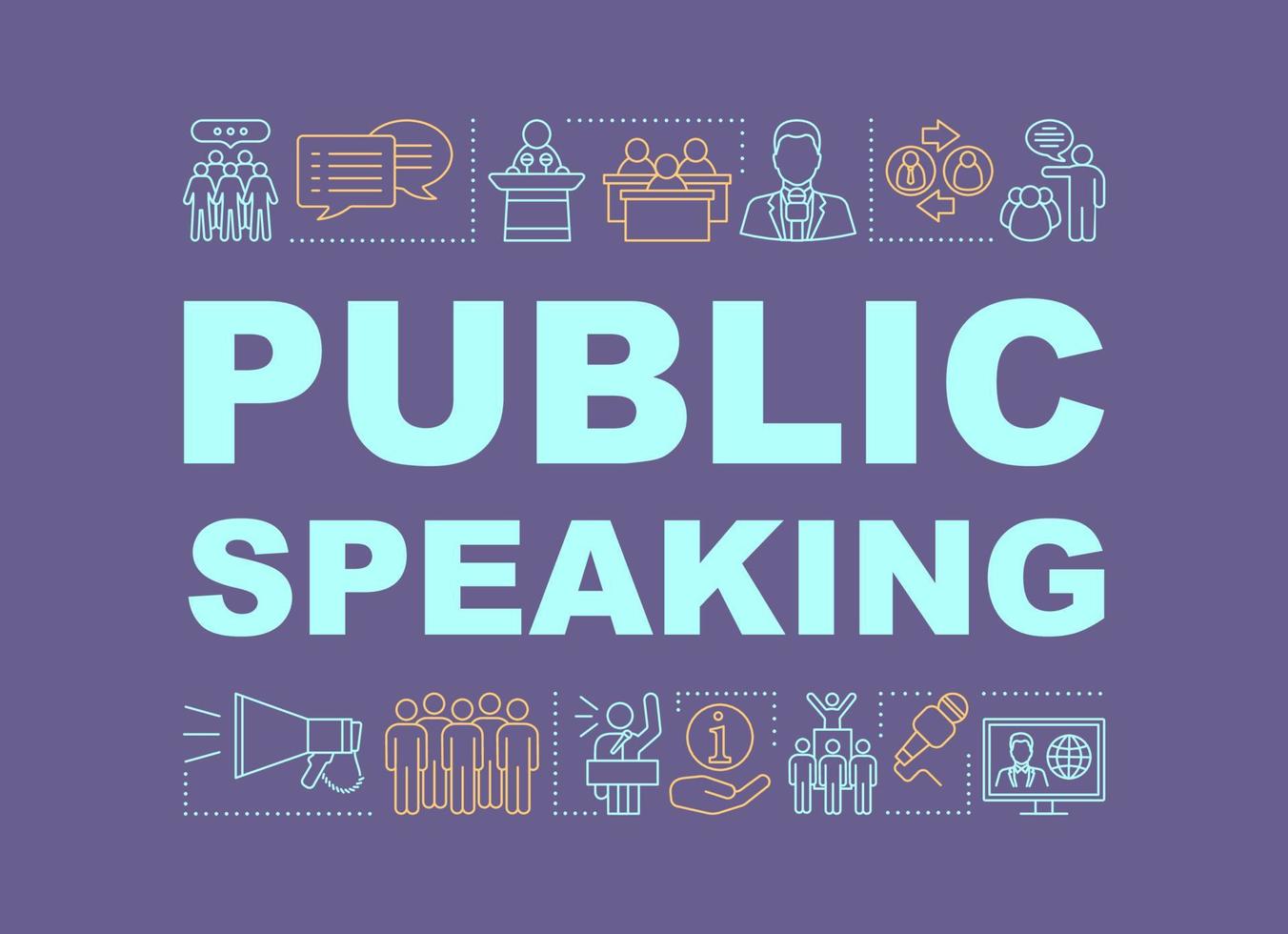 Public speaking skill word concepts banner. Oratory and communication. Isolated lettering typography idea with linear icons. Public relations. Vector outline illustration