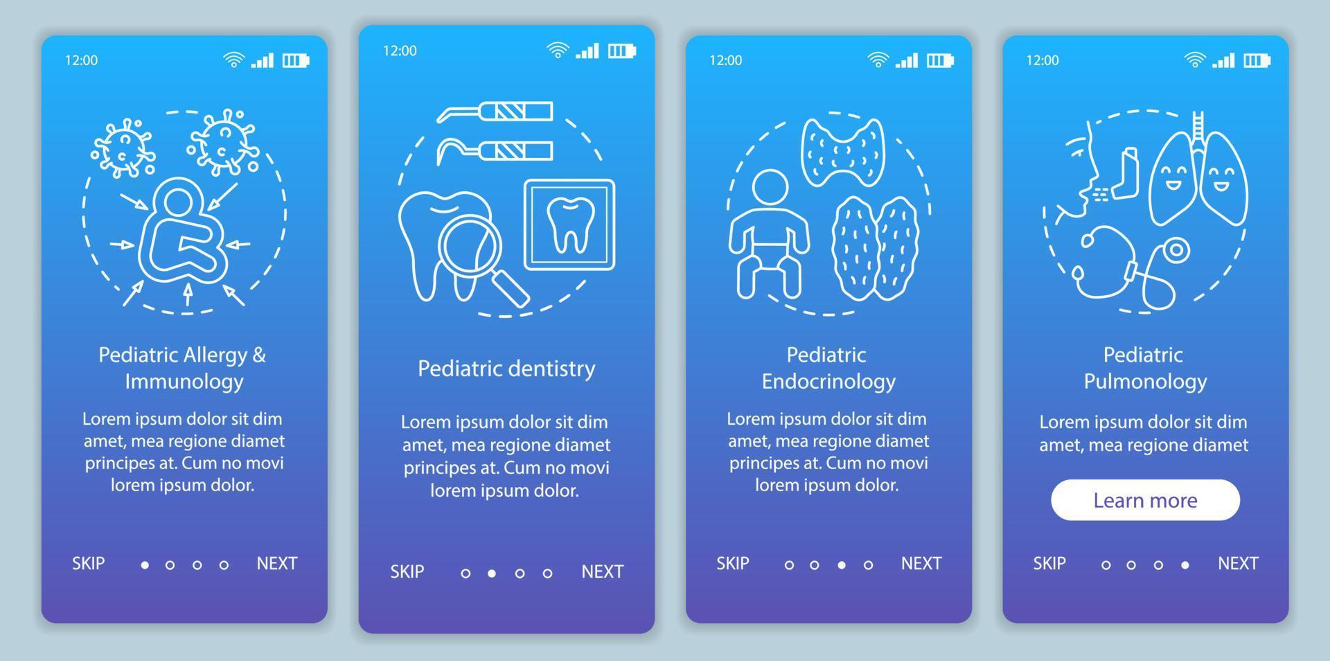 Pediatric service onboarding mobile app page screen vector template. Immunology, dentistry, pulmonology. Walkthrough website steps with linear illustrations. UX, UI, GUI smartphone interface concept
