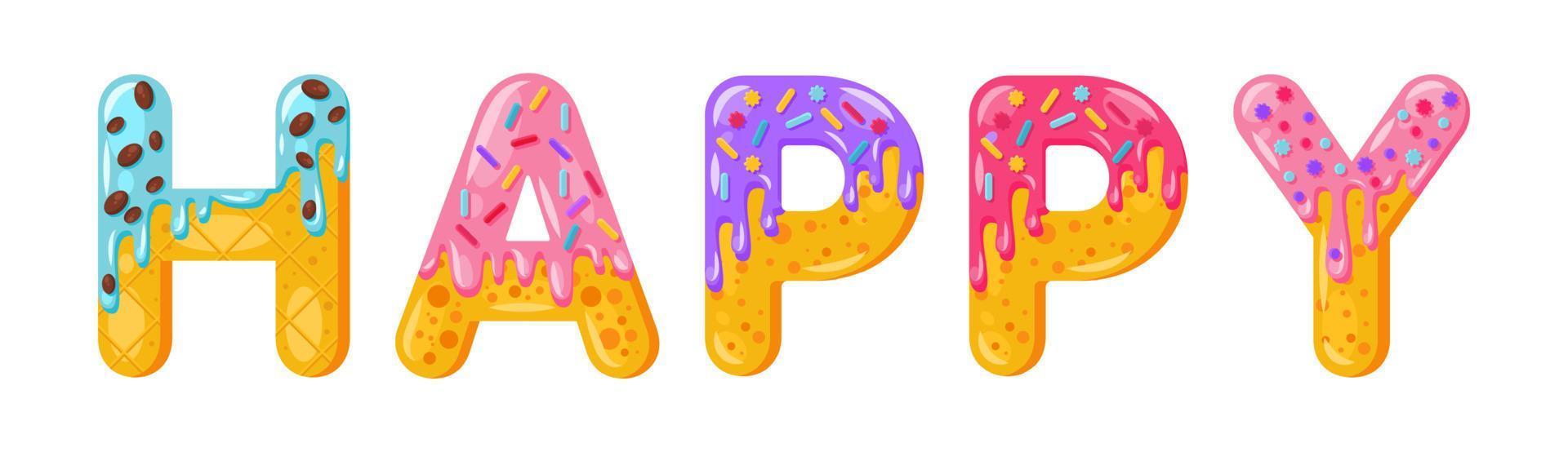 Donut cartoon happy biscuit bold font style. Glazed capital letters. Tempting flat design typography. Cookies, chocolate letters. White background. Pastry, bakery, waffle isolated vector clipart