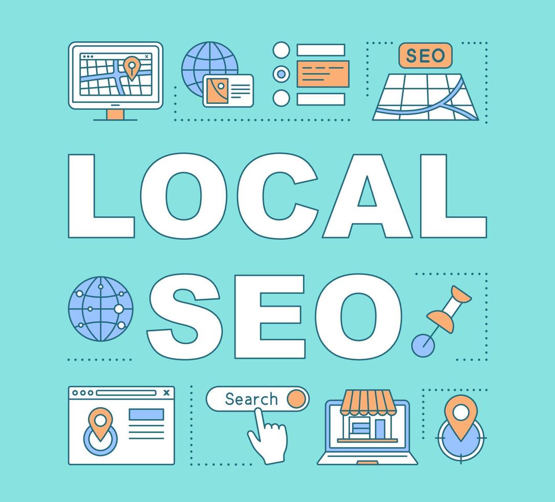Local SEO word concepts banner. Location based marketing. Global search. Targeting, ranking. Presentation, website. Isolated lettering typography idea with linear icons. Vector outline illustration