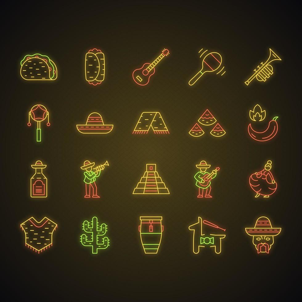 conjunto de iconos de luz de neón de la cultura mexicana. festividad del cinco de mayo. comida tradicional mexicana, instrumentos musicales, ropa, gente, diversión. signos brillantes. Ilustraciones de vectores aislados