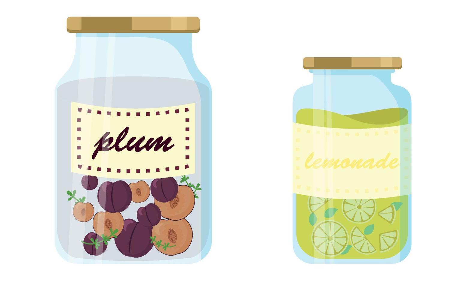 tarro de cristal con ciruelas y limonada, lleno de bayas y frutas. ilustración vectorial vector