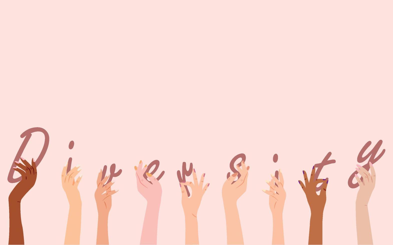 Diverse young people over isolated background. A group of women with a raised hand. Diversity. Multiculturalism. Vector illustration