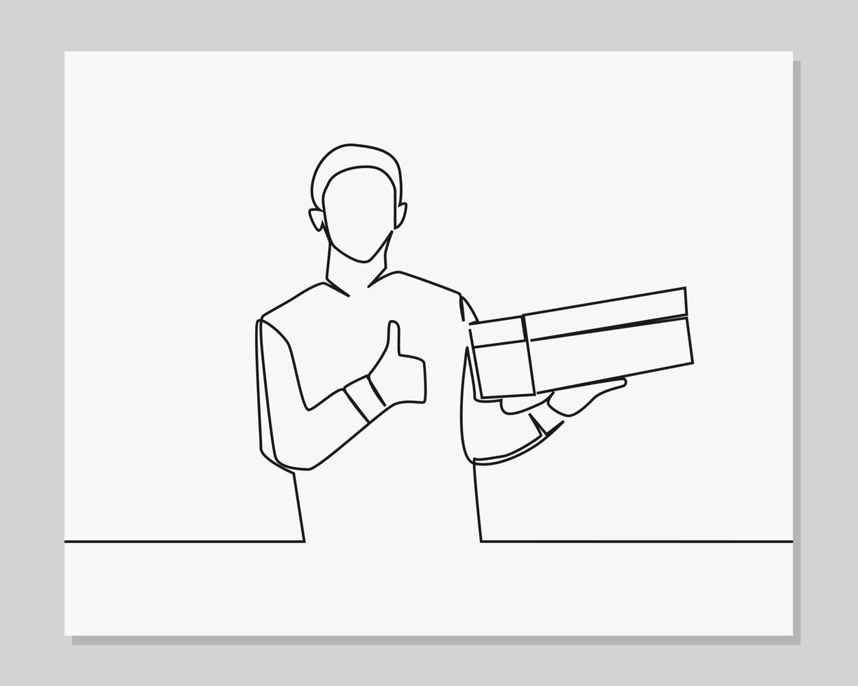 man holding cardboard box continuous one line illustration vector