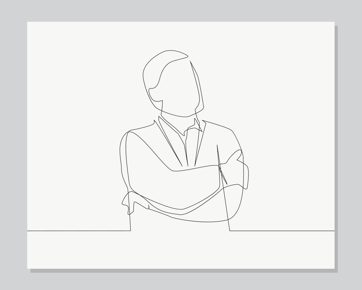 man crossed arms, looking up and looking pensive continuous one line illustration vector