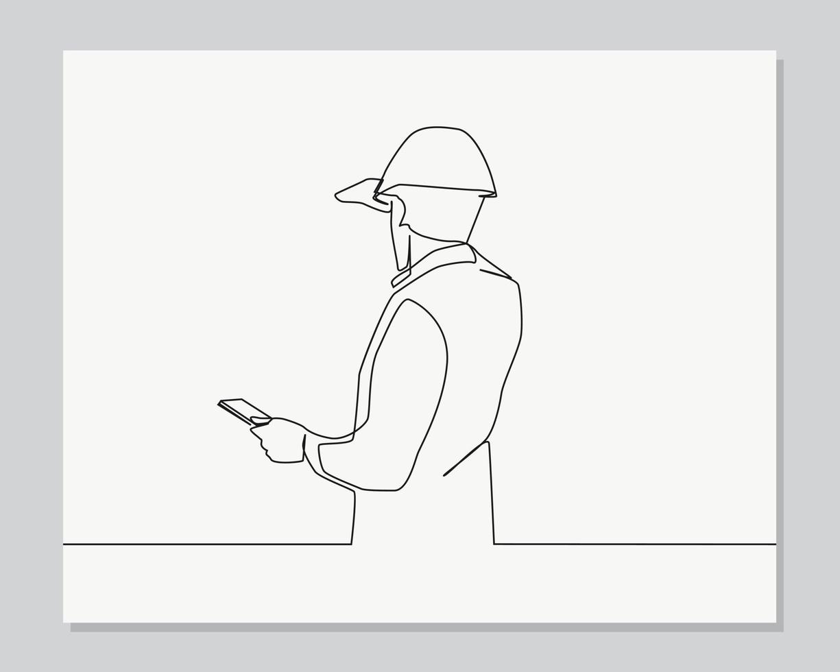 man engineer is checking with tablet an operation continuous one line illustration vector