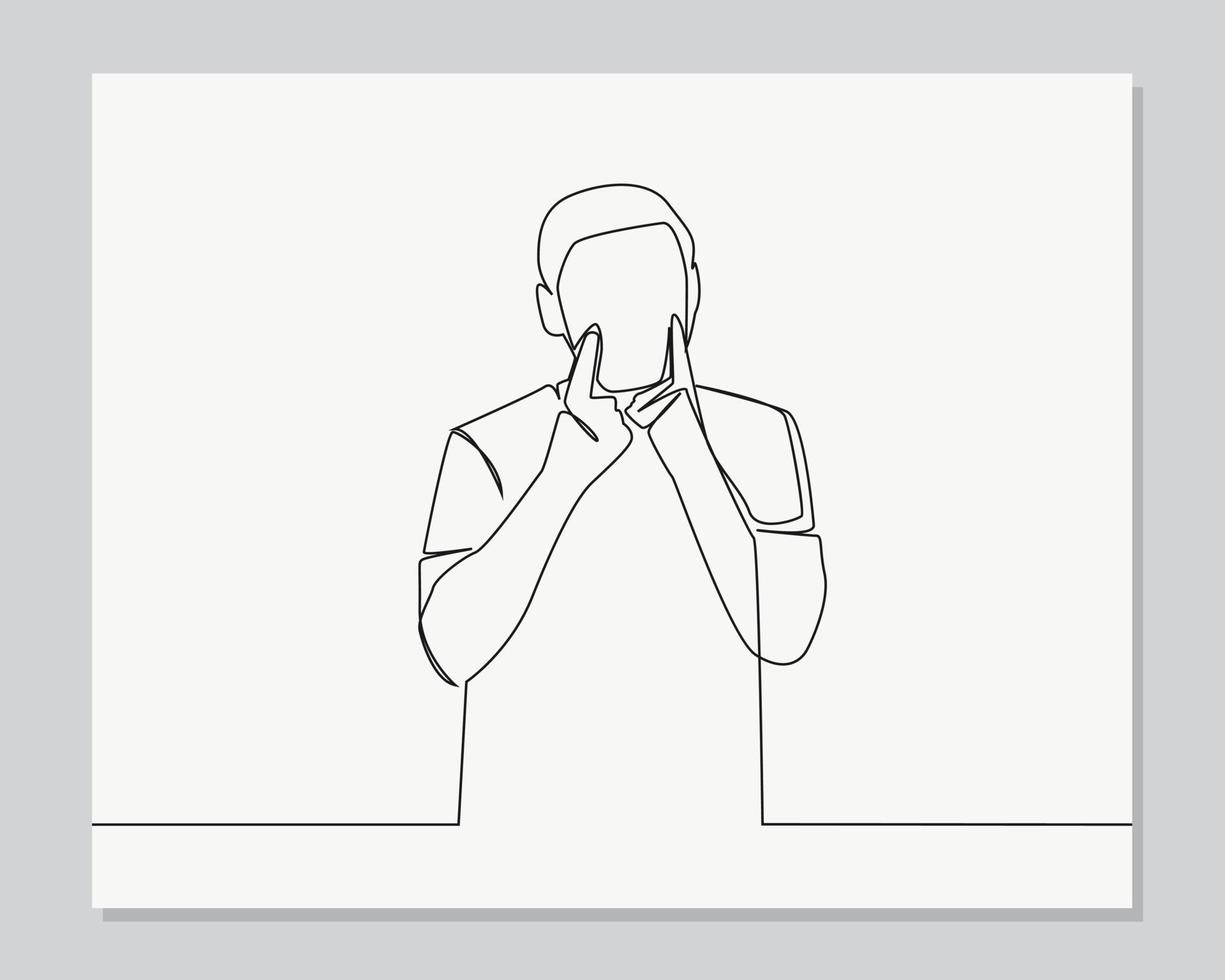 man forcing a smile on face with fingers continuous one line illustration vector