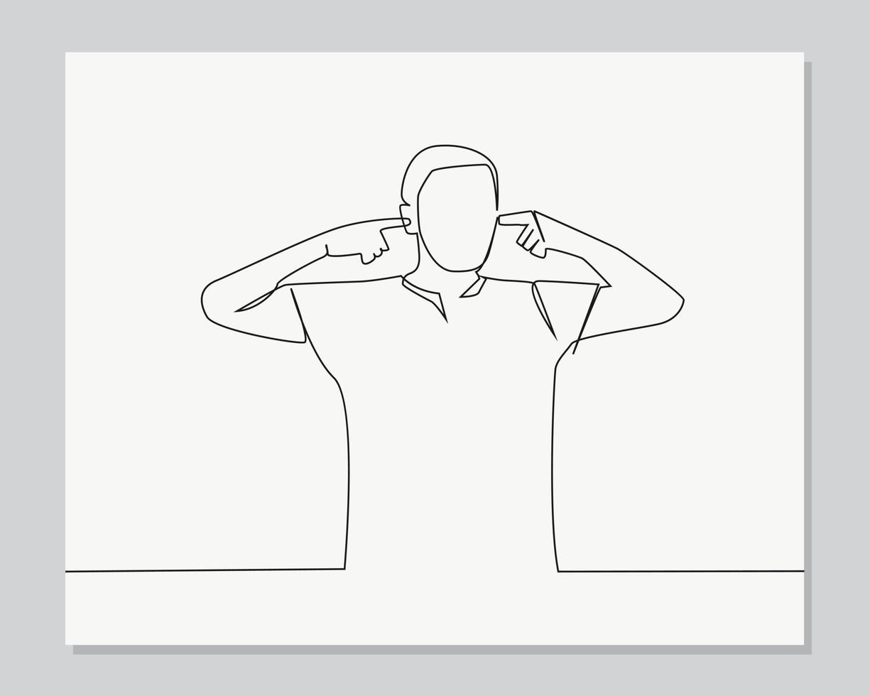 man plugging ears with fingers continuous one line illustration vector