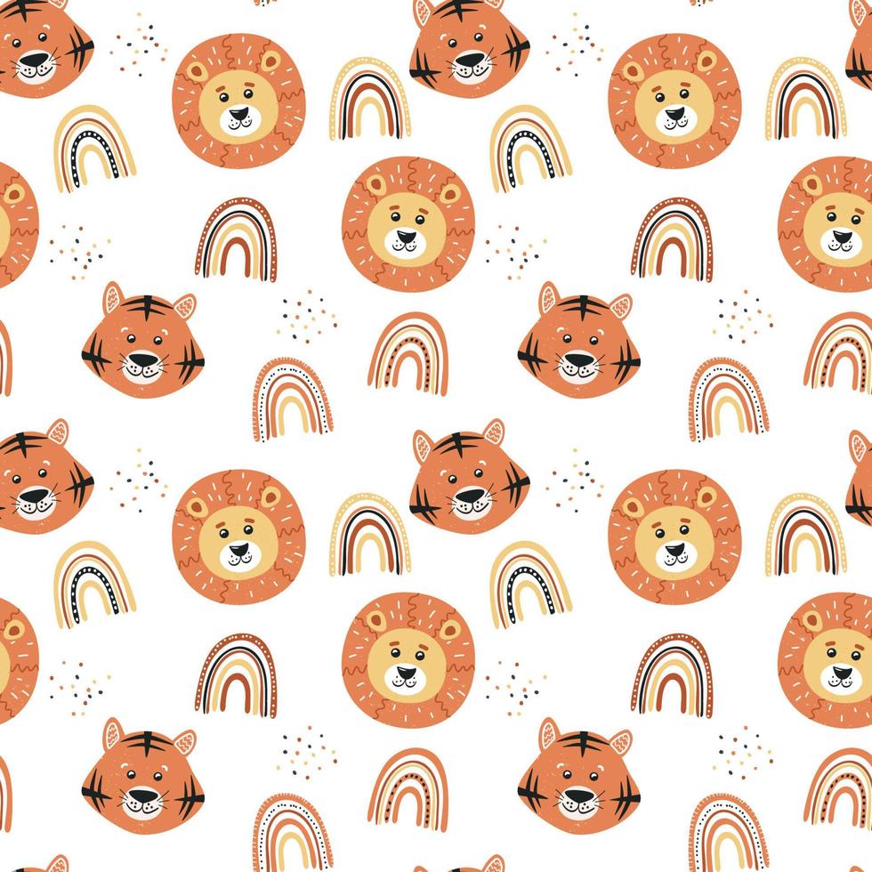 Tiger, lion and rainbows. Seamless pattern. Cute baby print. Vector illustration