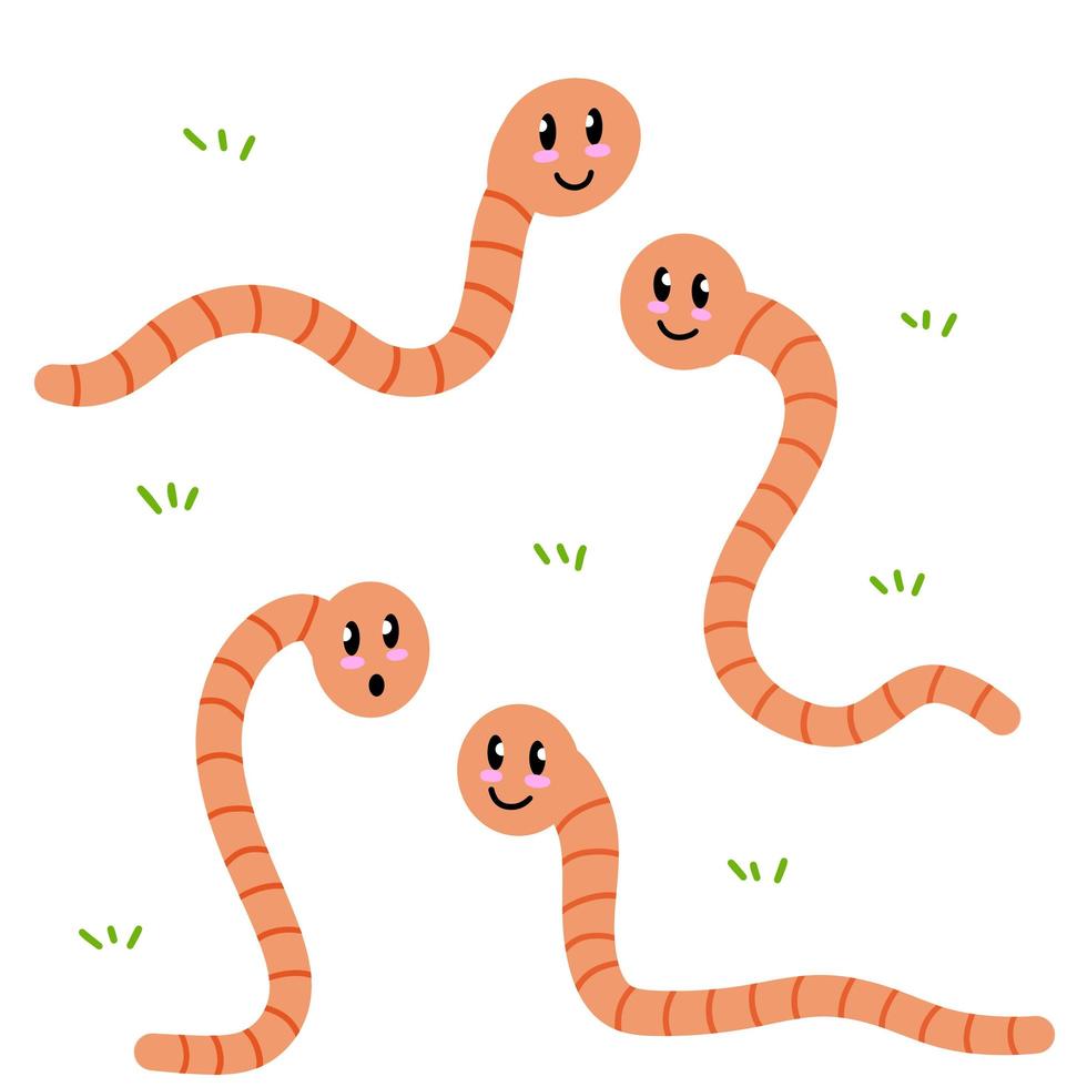 Cute cartoon smiling worm. Little pink earthworm isolated vector illustration.