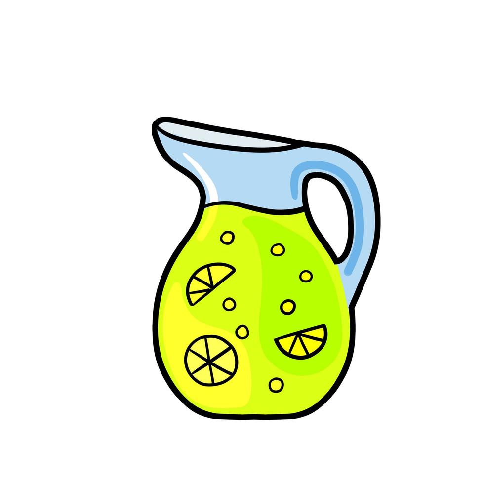 Lemonade in jug. Summer refreshing drink in glass jar. Yellow liquid with lemon. Outline cartoon illustration vector