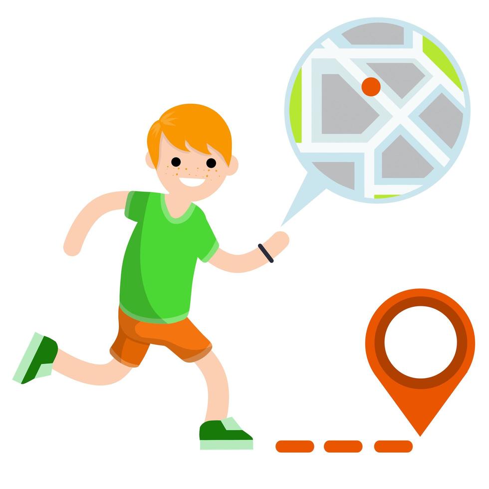 Man run with smart watch. Navigation and route search. Modern technology. Sports and Hobbies. Healthy lifestyle. Cartoon flat illustration. Young boy in shorts. Tracking and city map vector