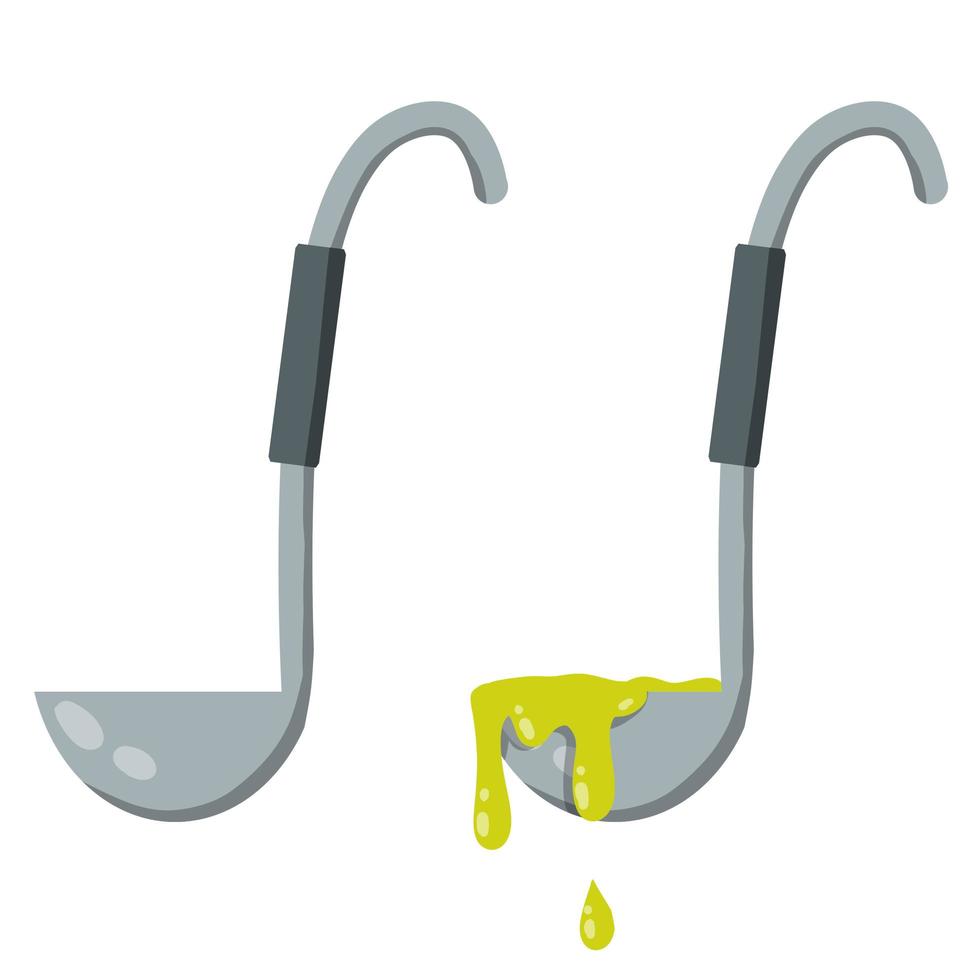 Set of ladles. A large metal spoon with a yellow liquid. vector