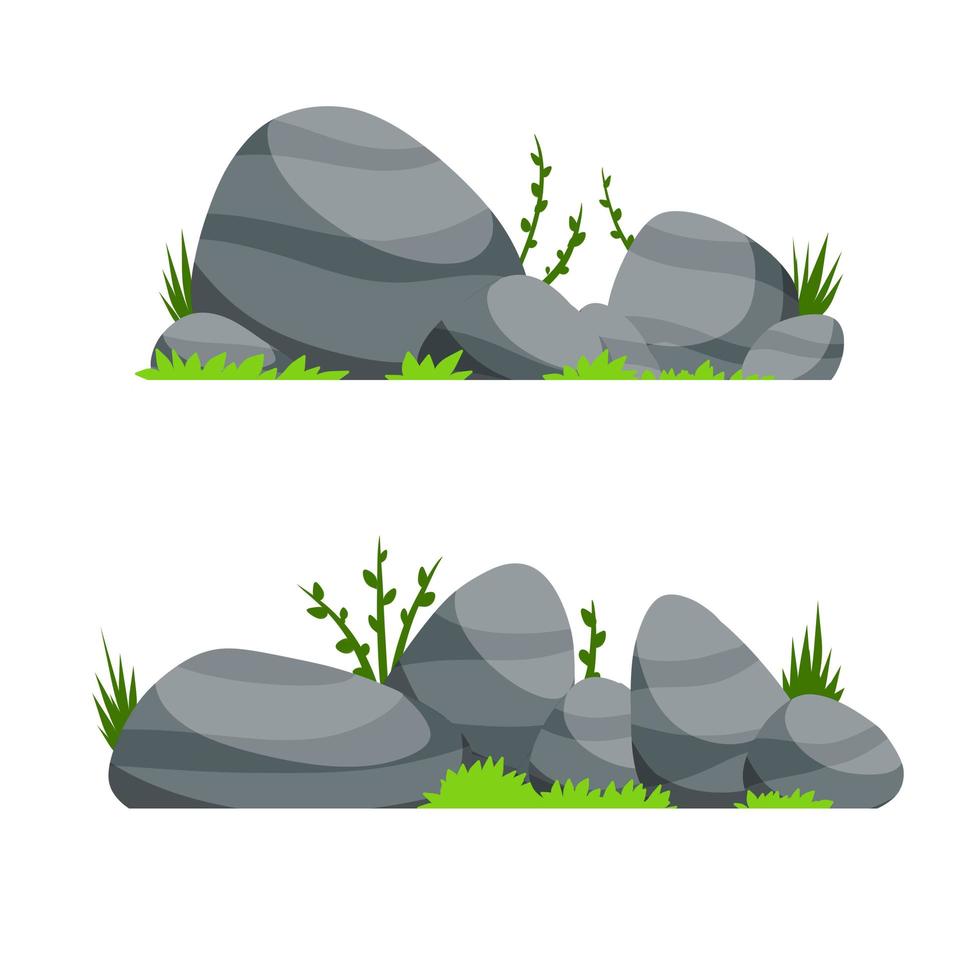 Set of stones. Scenery of nature, forests and mountains. Pile of rubble. Flat cartoon illustration. Decorative element. Grass and green plants vector