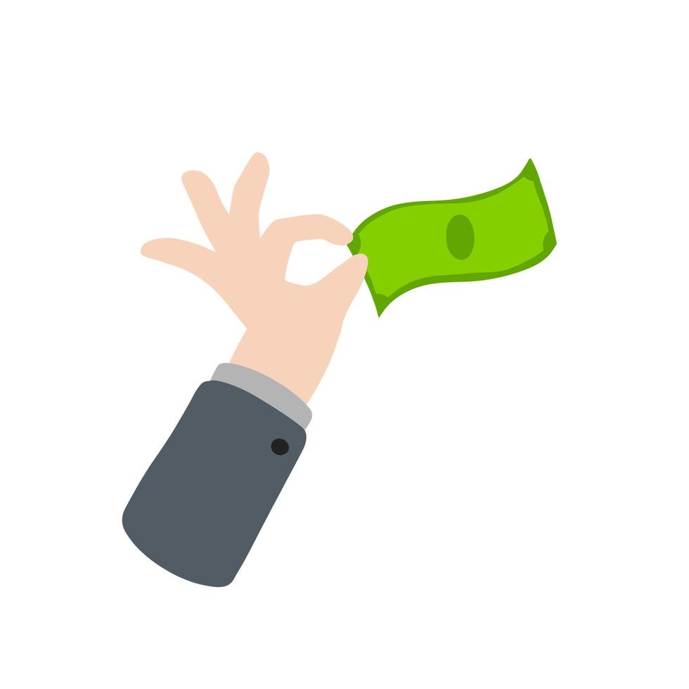 Hand holding or giving cash. Green money bill. Payment for product. Money investments. Modern trendy flat cartoon vector