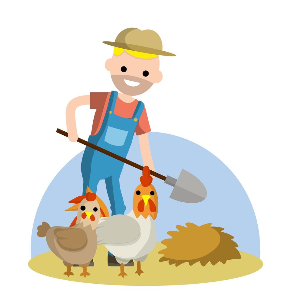 hombre con pala en el pueblo. pajar y animales rústicos pollo y gallo. vector