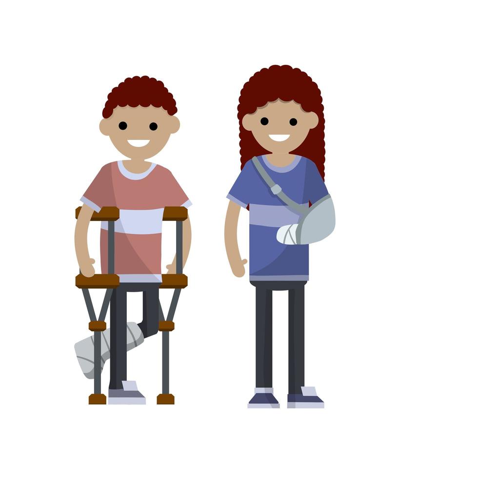 Man and woman with broken arm and leg. Cartoon flat illustration. Illness and injury. Bandage, crutch. medical healthcare. Young boy and girl vector