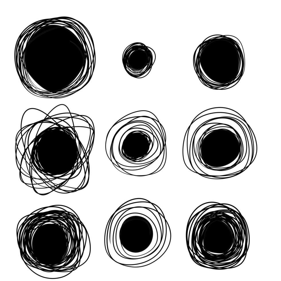 Sketch circle. Black ring set. Abstract geometric shape. Chaotic tangled line. vector
