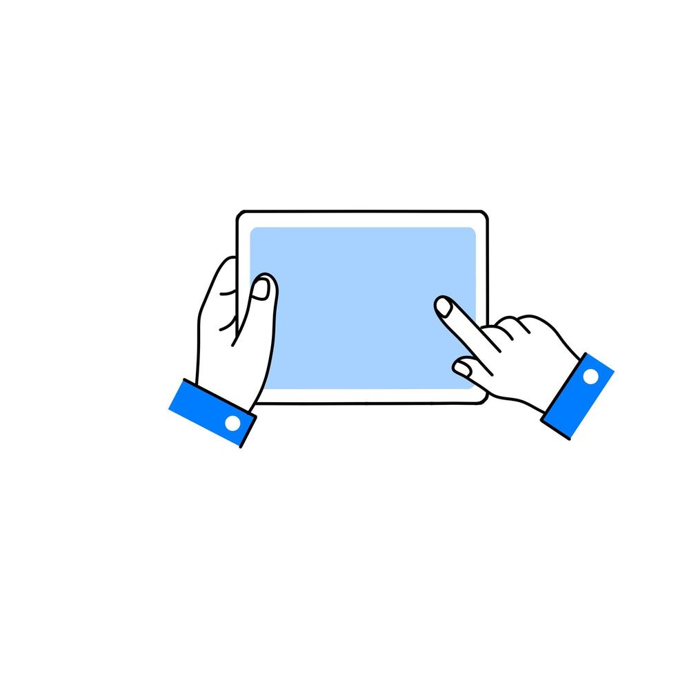 tableta en la mano. pantalla táctil y dedo. vector
