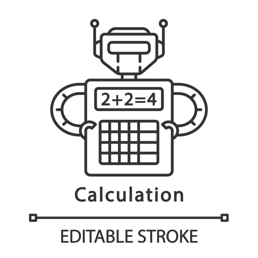 Calculation linear icon. Complex math calculations. Robot holding calculator. Robotic process automation. Thin line illustration. Contour symbol. Vector isolated outline drawing. Editable stroke