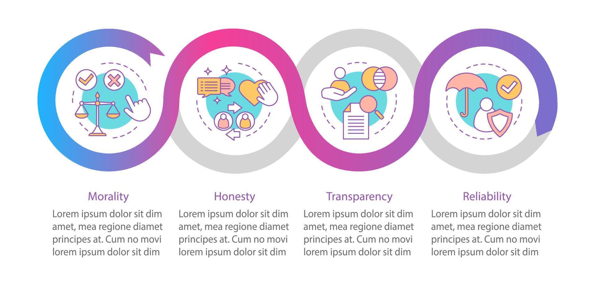 Corporate policy vector infographic template. Business ethics presentation design elements. Data visualization with four steps and options. Process timeline chart. Workflow layout with linear icons