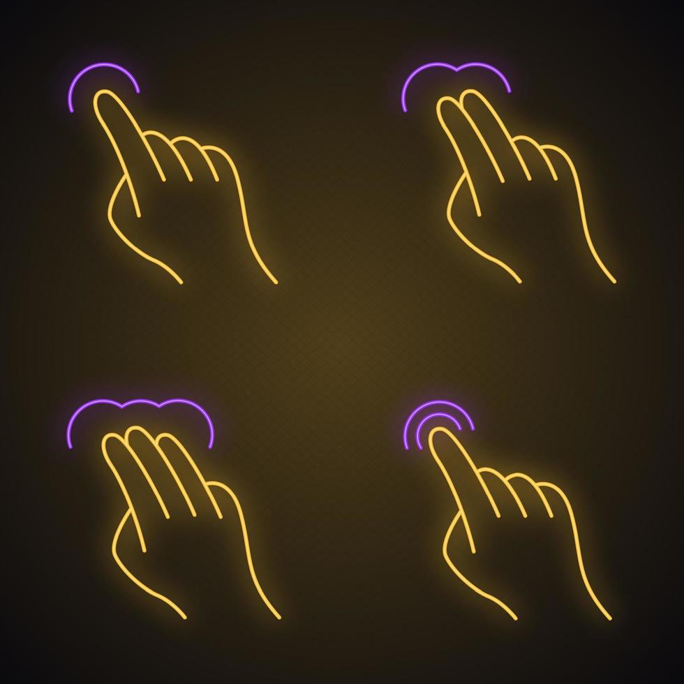 Touchscreen gestures neon light icons set. Tap, point, click, double tap, drag, double click gesturing. Touch and hold. Human fingers. Glowing signs. Vector isolated illustrations