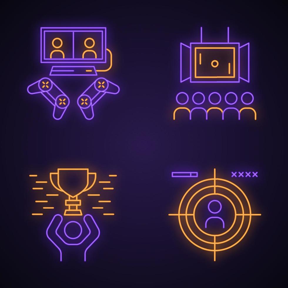 Esports neon light icons set. Gaming environment. Multiplayer video game. Tournament broadcast. Champion with award. First-person shooter. Glowing signs. Vector isolated illustrations