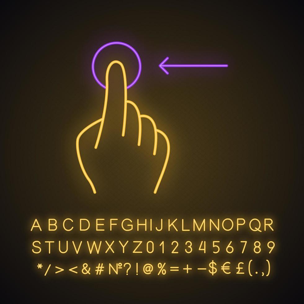 Horizontal scroll left gesturing neon light icon. Touchscreen gesture. Tap, point, click. Using sensory devices. Glowing sign with alphabet, numbers and symbols. Vector isolated illustration