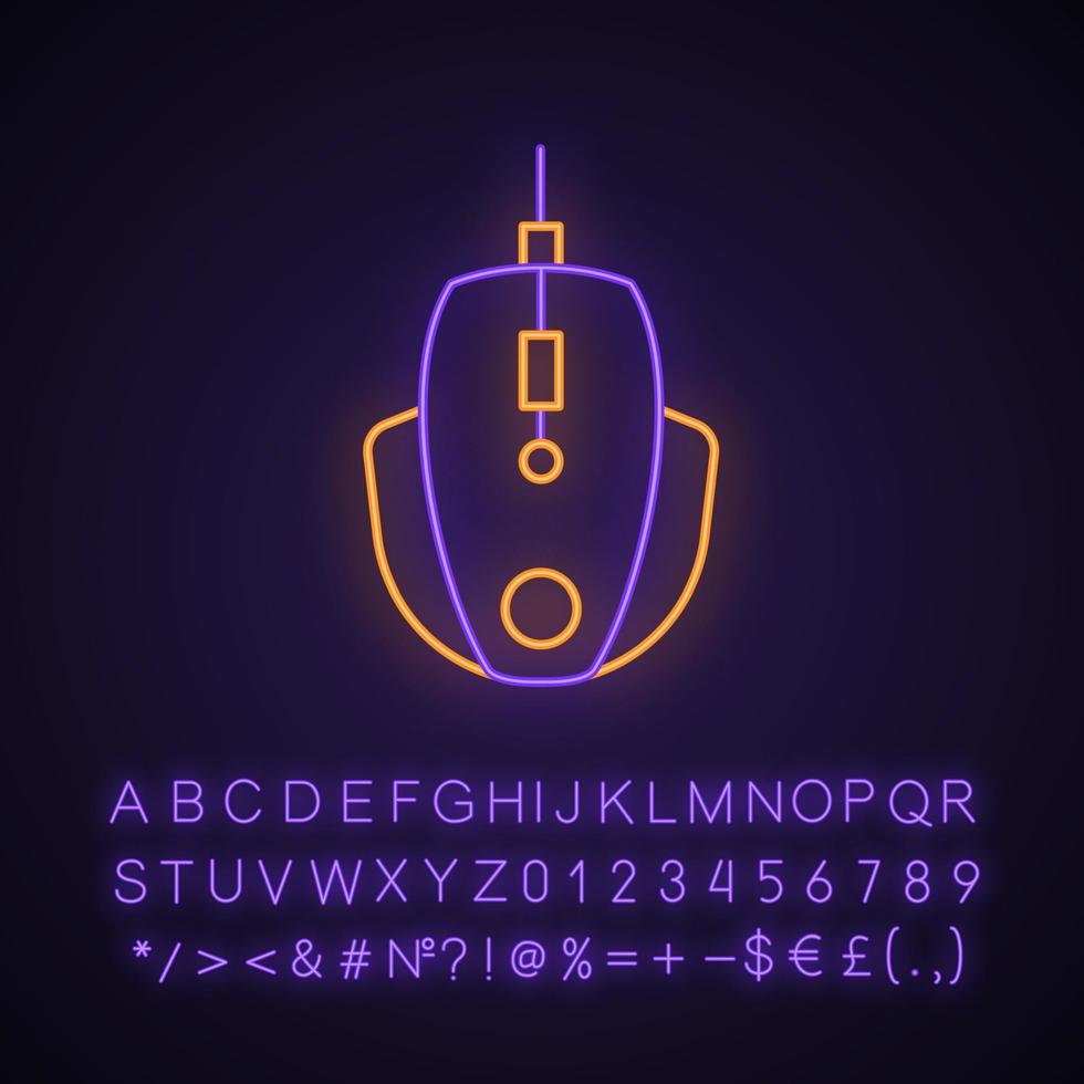 Gaming mouse neon light icon. Esports equipment. Player digital device. High-speed computer manipulator. Glowing sign with alphabet, numbers and symbols. Vector isolated illustration