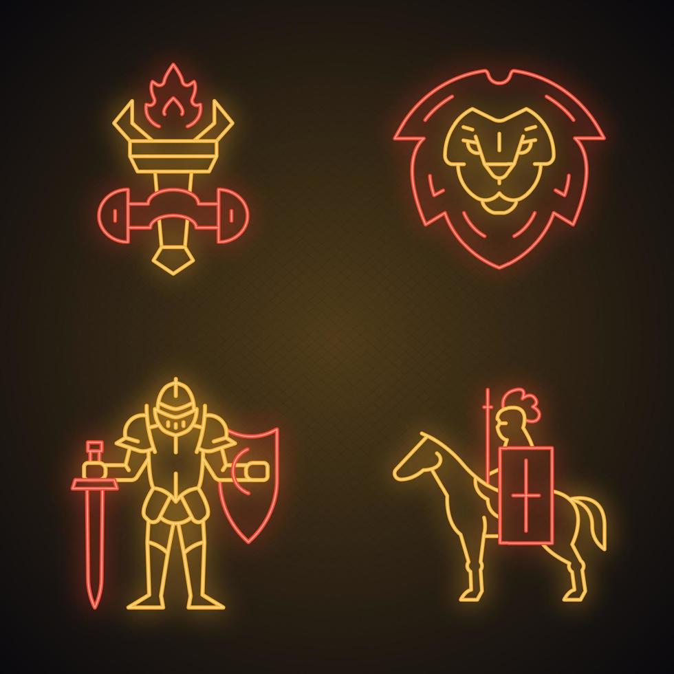 conjunto de iconos de luz de neón medieval. antorcha encendida, escudo de cabeza de león, caballero con armadura completa, caballero a caballo con bandera y lanza. signos brillantes. Ilustraciones de vectores aislados