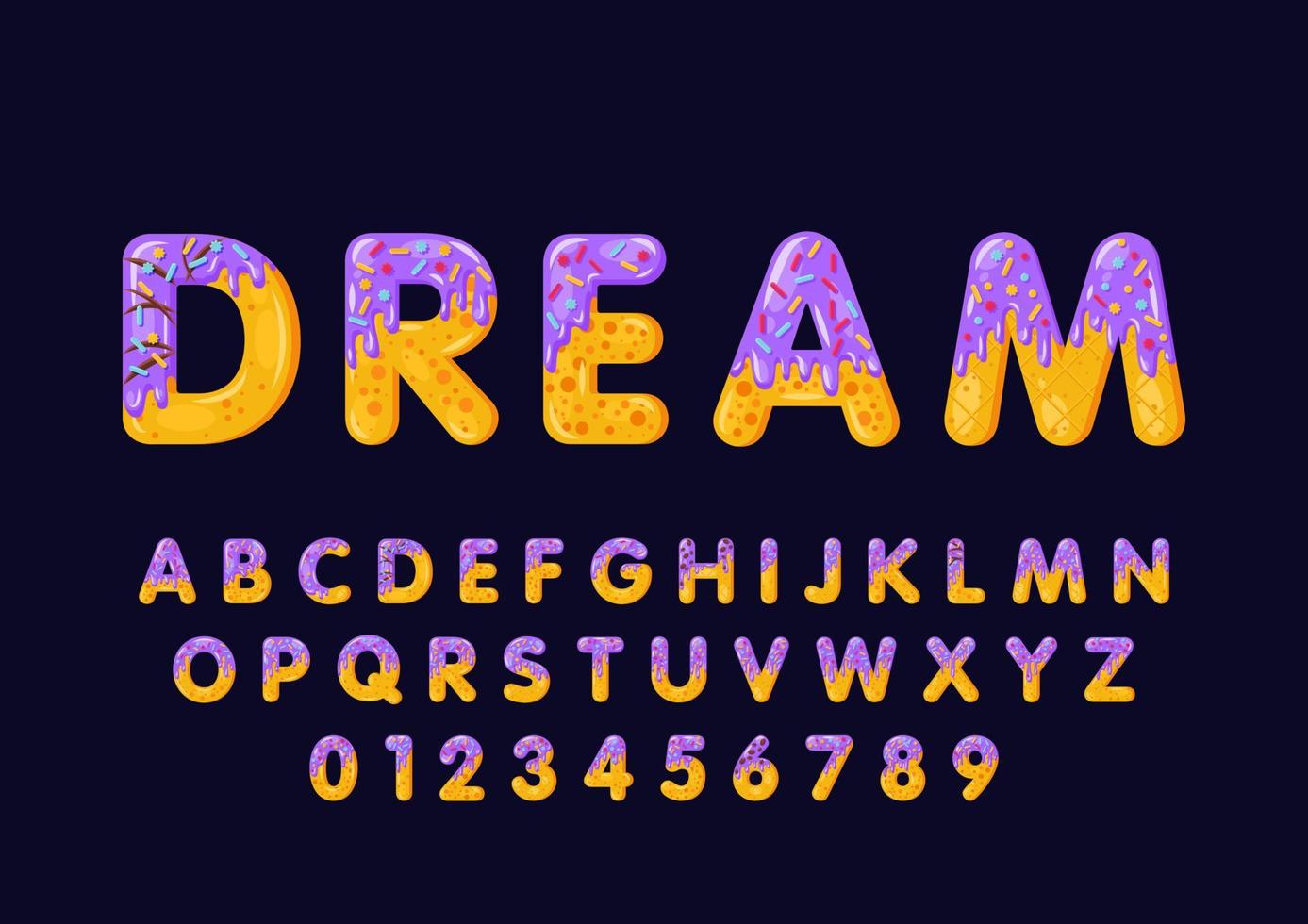 Donut cartoon dream biscuit bold font style. Glazed capital letters, alphabet, numbers. Tempting flat design typography. Cookies letters. Dark blue background. Pastry, bakery isolated vector clipart
