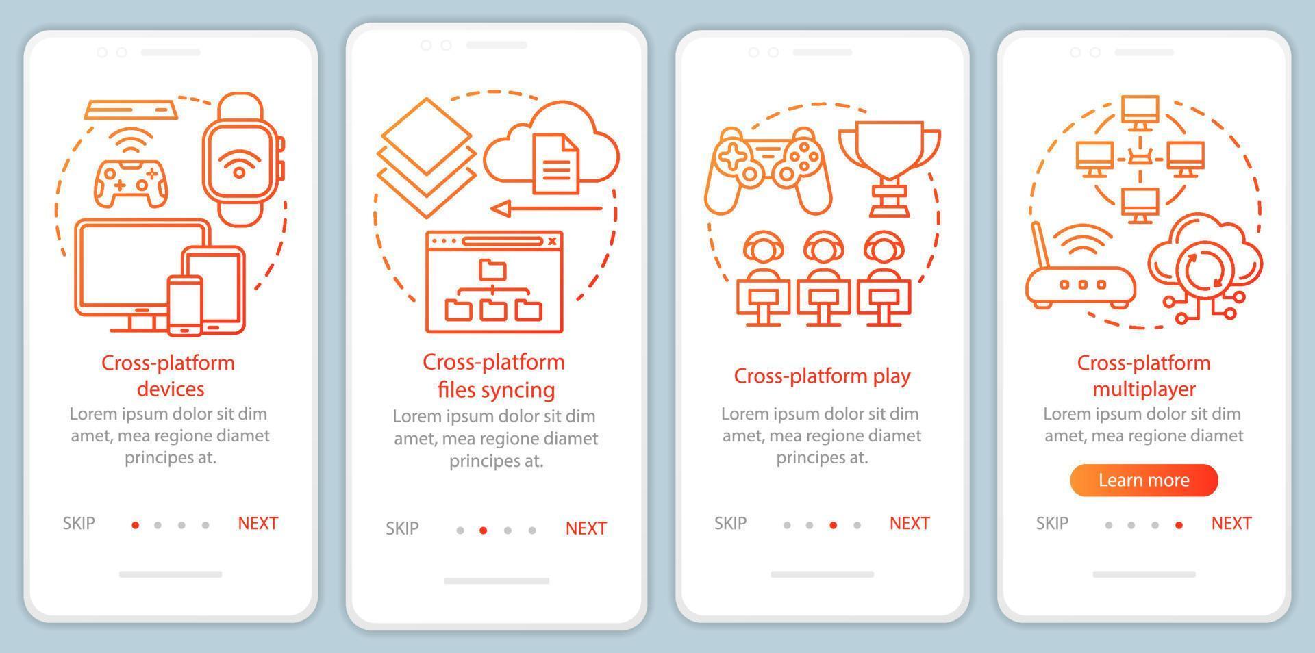 Cross platform multiplayer onboarding mobile app page screen vector template. Online, cloud gaming. Walkthrough website steps with linear illustrations. UX, UI, GUI smartphone interface concept