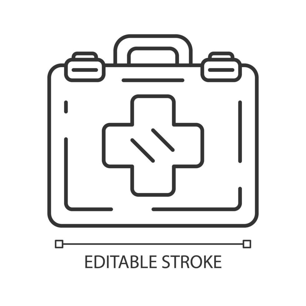 Emergency help linear icon. Airplane first aid kit. Medicine bag with medications. Plane safeness. Safety measures. Thin illustration. Contour symbol. Vector isolated outline drawing. Editable stroke