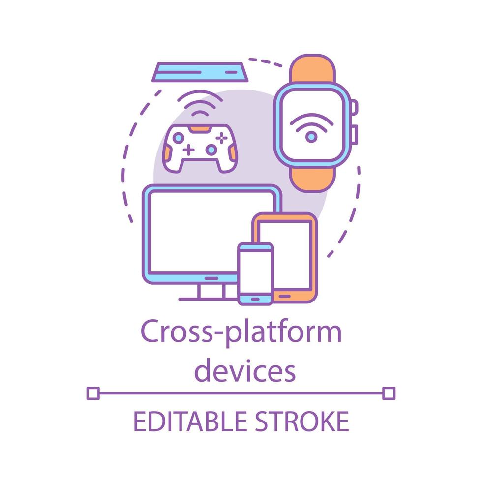 Cross platform devices concept icon. Internet of things idea thin line illustration. IOT, global technology connection, smart online network. Vector isolated outline drawing. Editable stroke