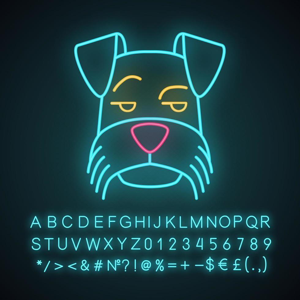 Mini Schnauzer cute kawaii neon light character. Dog with smirking muzzle. Animal with eyes looking to side. Funny emoji, emoticon. Glowing icon, alphabet, number, symbol. Vector isolated illustration