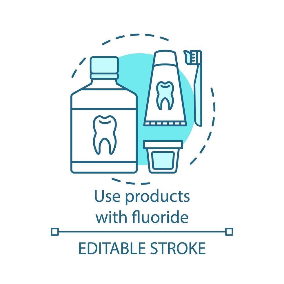 Use products with fluoride concept icon. Oral hygiene. Toothpaste, brush, mouthwash. Tooth decay and cavities prevention idea thin line illustration. Vector isolated outline drawing. Editable stroke