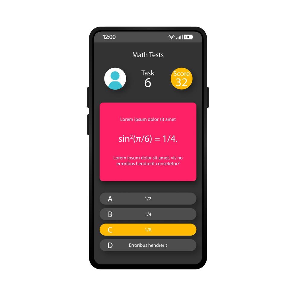 Math tests smartphone interface vector template. Mobile app page black design layout. Calculation exercise screen. Flat UI for educational application. Maths equation phone display