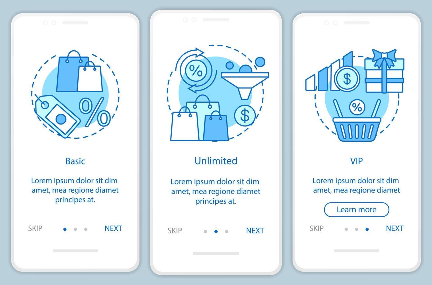 Discounts bonuses subscription onboarding mobile app page screen with linear concepts. Three walkthrough steps graphic instructions. Basic, VIP tariff. UX, UI, GUI vector template with illustrations