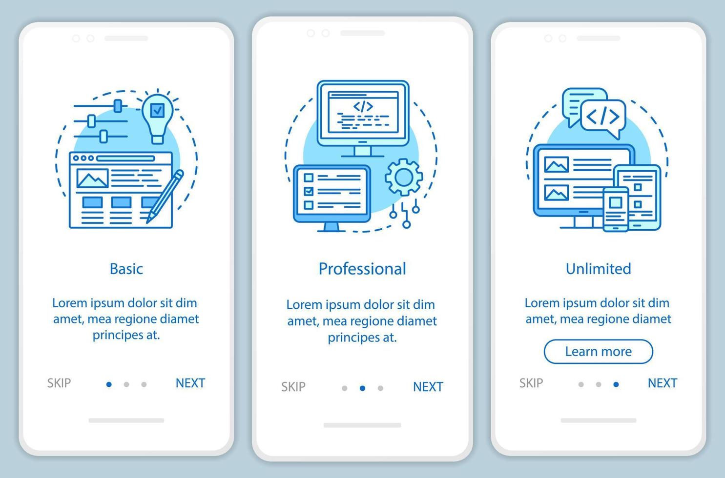 precios del creador de sitios web incorporando la pantalla de la página de la aplicación móvil con conceptos lineales. instrucciones gráficas de tres pasos de recorrido. Tarifa básica profesional. ux, ui, plantilla vectorial gui con ilustraciones vector