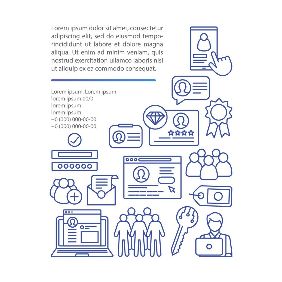 Membership article page vector template. Website registration. Brochure, magazine, booklet design element, linear icons, text boxes. Personal account. Print design. Concept illustrations, text space