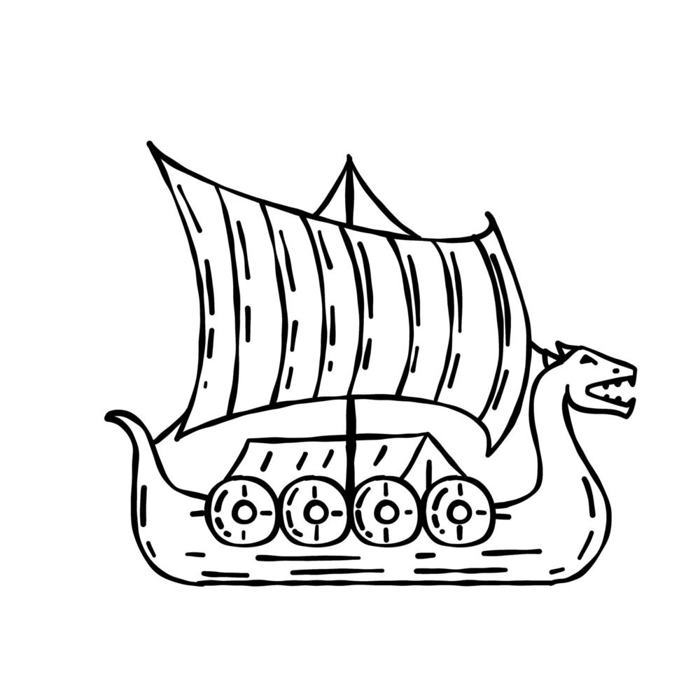 Drakkar Viking ship. Medieval military boat with sails and shields. vector