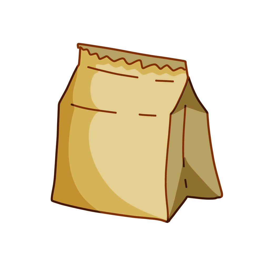 Grocery Paper bag. Cartoon Brown food packaging in the store. vector