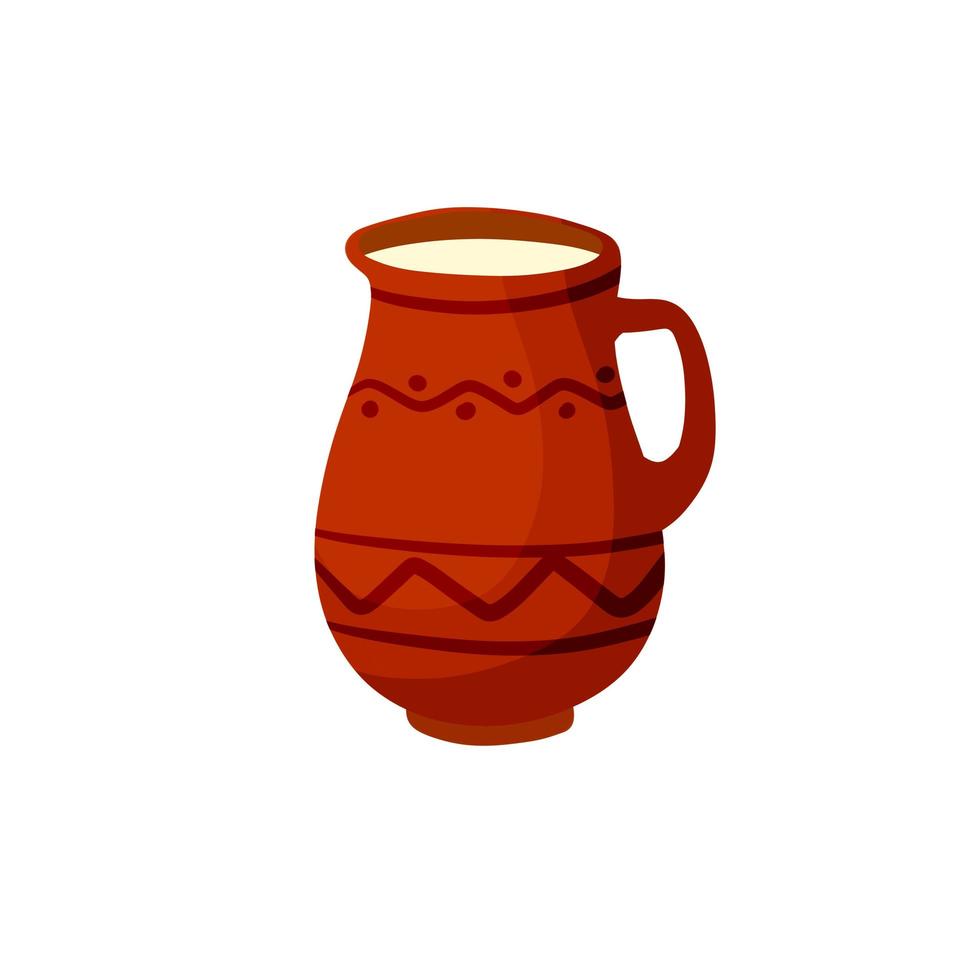 Clay pot. Earthenware jug of milk. Old Water bowl with a handle. vector