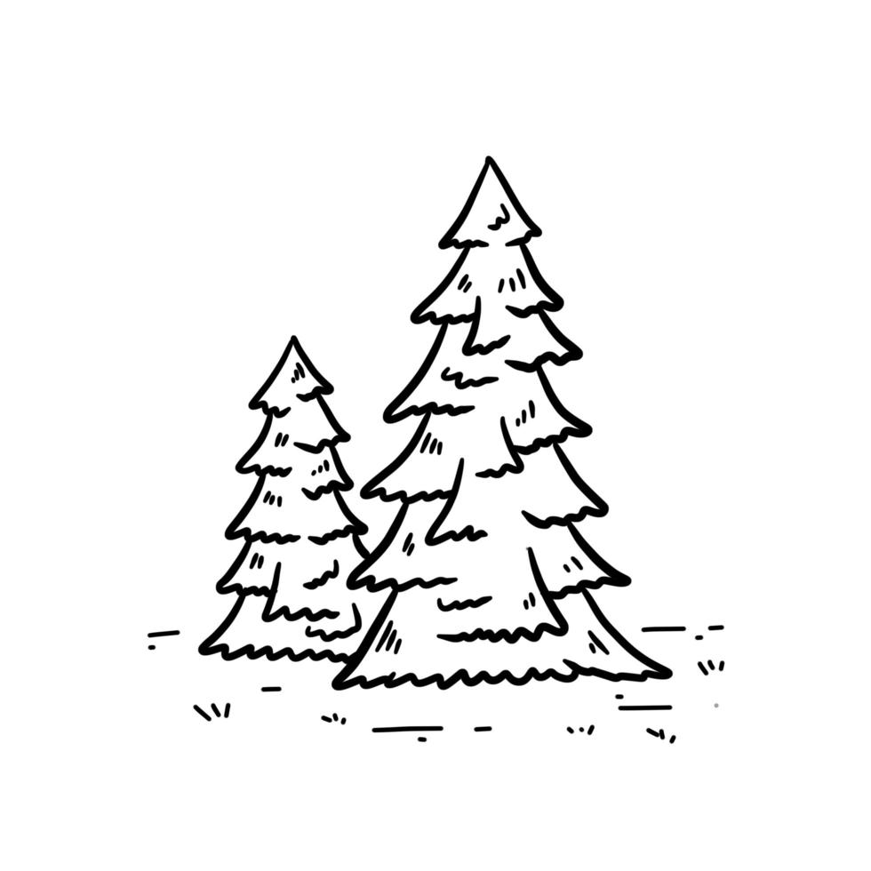 árboles de navidad en el bosque. dos árboles en estilo grabado. dibujos animados de contorno dibujado a mano vector