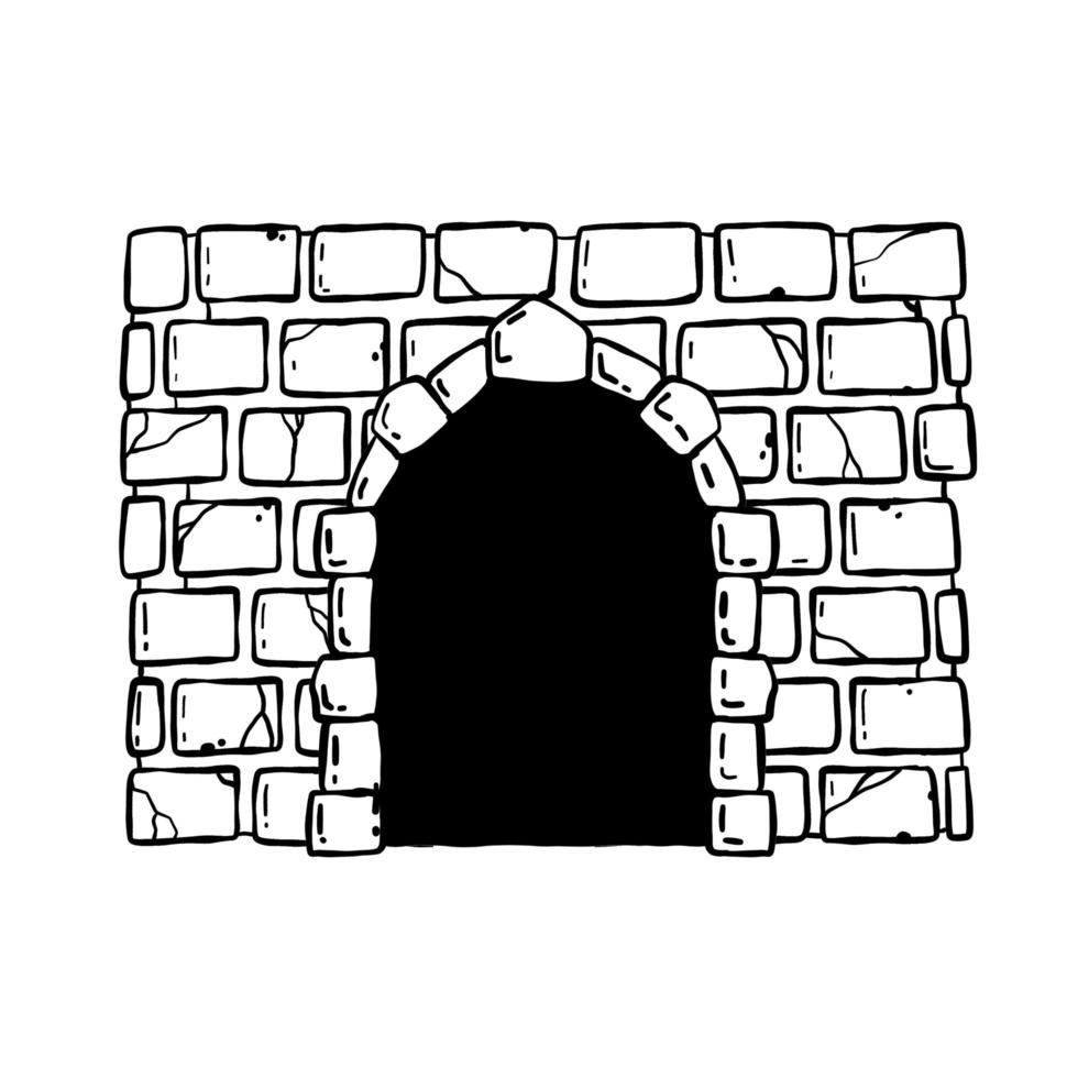 puerta del castillo. entrada a la fortaleza de cuento de hadas o al antiguo muro medieval de piedra. puerta abierta de madera. dibujos animados dibujados a mano ilustración en blanco y negro vector