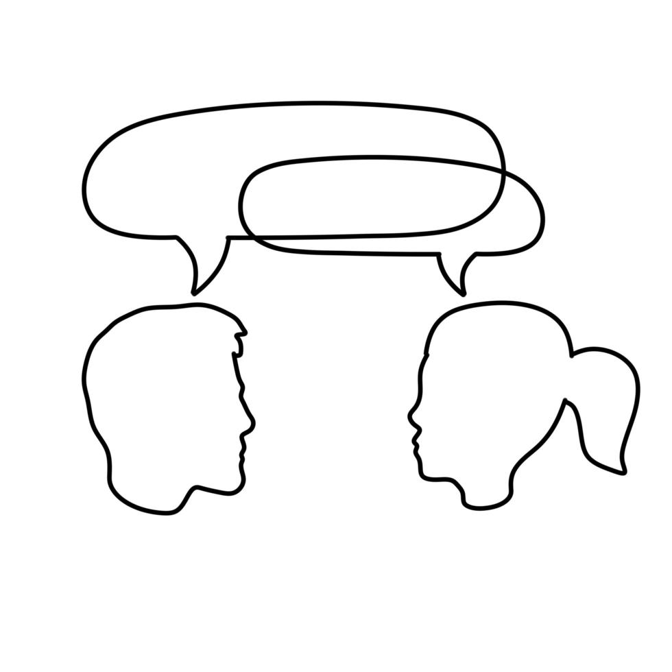 diálogo entre las personas. esbozar las cabezas de los personajes. comunicación y conversación. mujer y hombre están hablando. nube de burbujas. vector