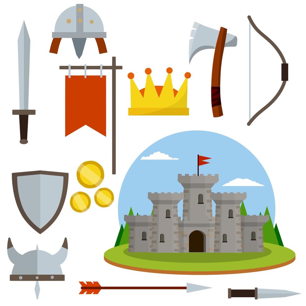 Medieval set of item. European castle with tower, shield, sword, red flag, tournament, arrow, bow, quiver, helmet of Viking. Historical subject. Cartoon flat illustration. Old armor and knight weapons vector